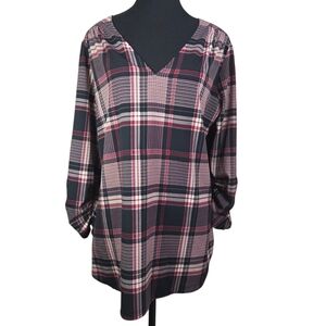 Le Chateau Black and Red Plaid V Neck Blouse With Ruched Sleeves Size XL